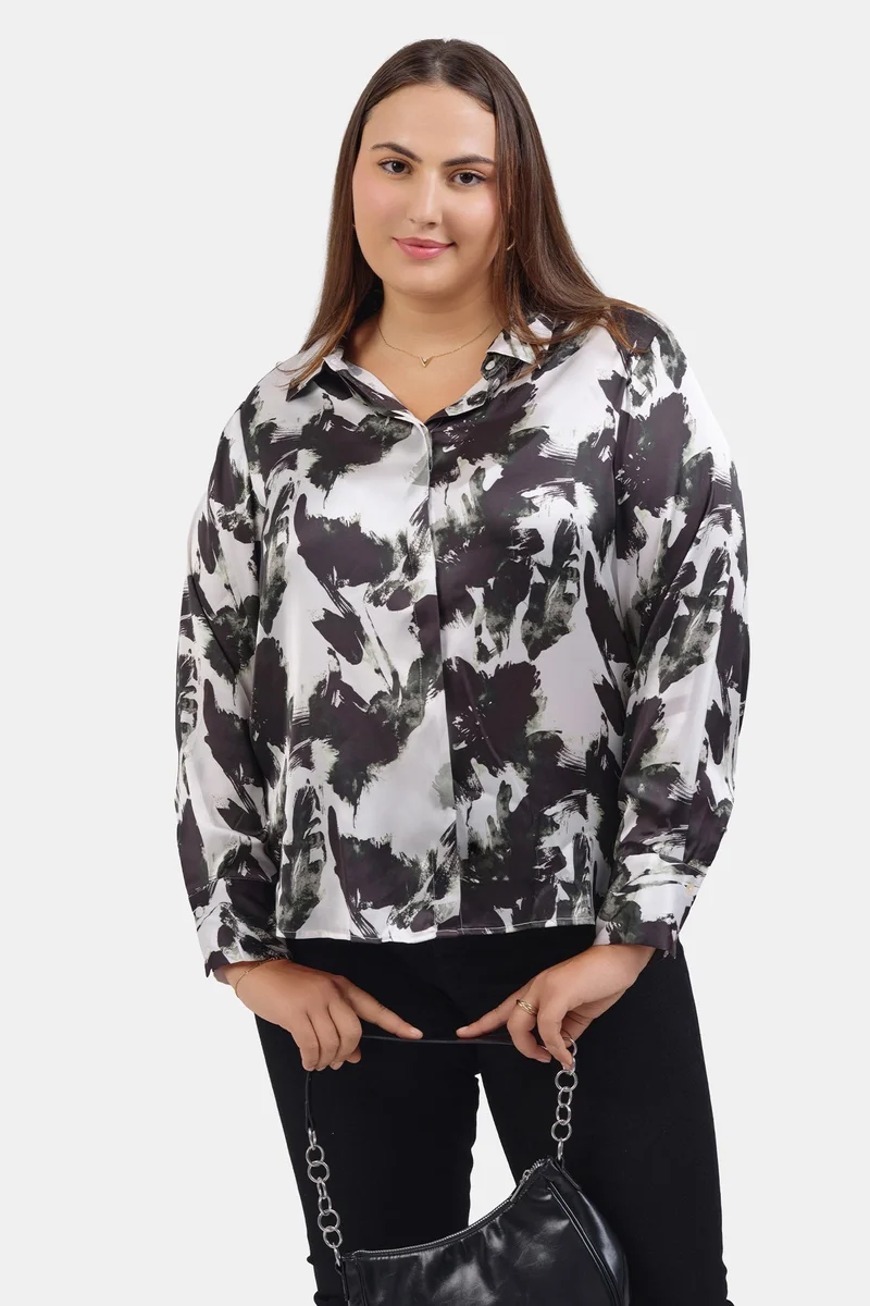 فيرجيو Floral Satin Floral Printed Plus Size Shirt for Women