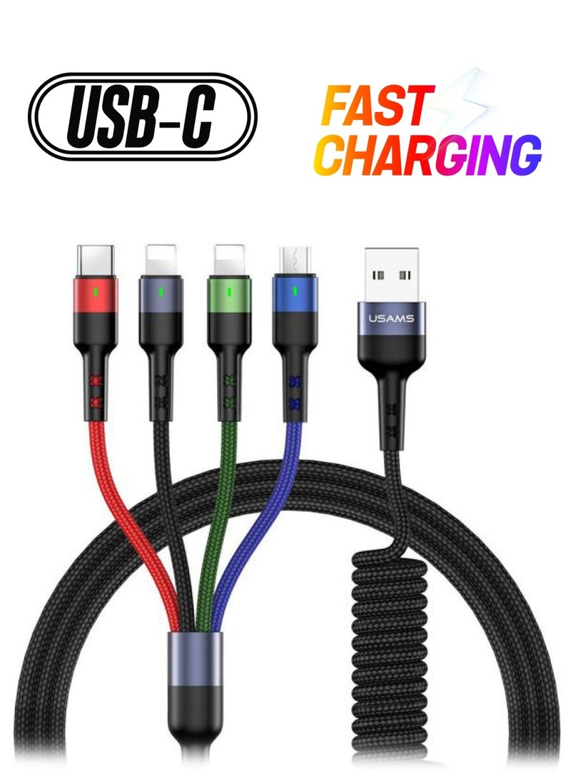 Usams 4-in-1 USB Multi Charging Cable Nylon Braided 1.2-meter USB Connector for iPhone /Type C/Micro - Image 1