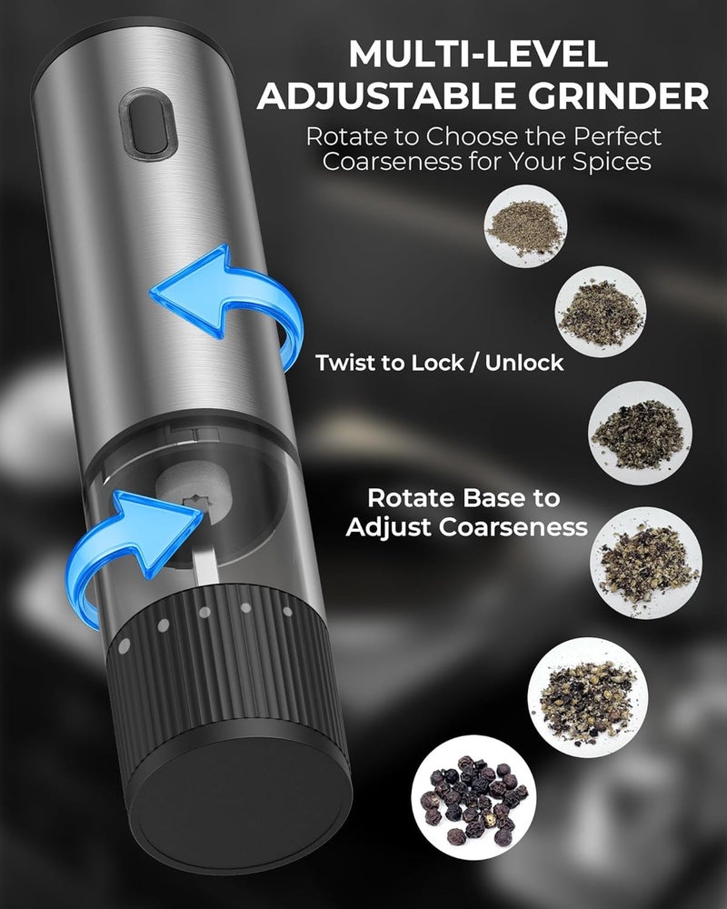 gofuch Electric Salt and Pepper Grinder Set, USB Rechargeable Salt and Pepper Shaker with LED Light, Stainless Steel Adjustable Automatic Pepper Mill for Kitchen, Dining - Image 4