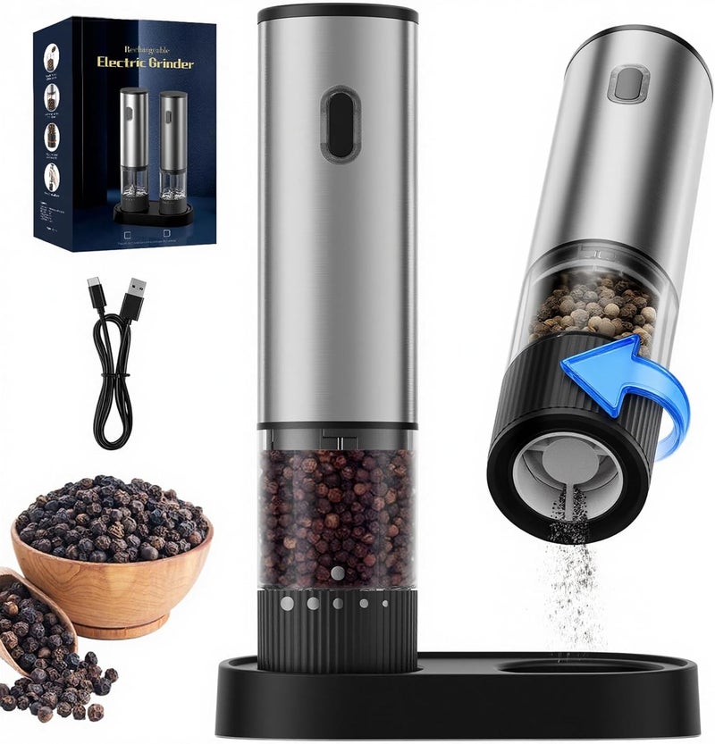 gofuch Electric Salt and Pepper Grinder Set, USB Rechargeable Salt and Pepper Shaker with LED Light, Stainless Steel Adjustable Automatic Pepper Mill for Kitchen, Dining - Image 1