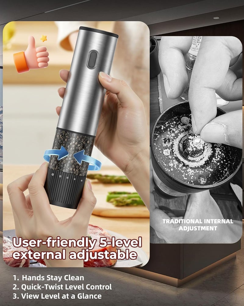gofuch Electric Salt and Pepper Grinder Set, USB Rechargeable Salt and Pepper Shaker with LED Light, Stainless Steel Adjustable Automatic Pepper Mill for Kitchen, Dining - Image 3