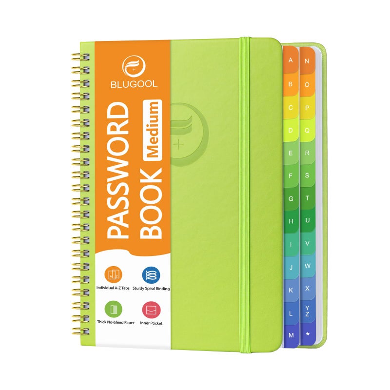 Blugool Password Book with Alphabetical Tabs, Password Keeper Book for Seniors, Individual & Colorful Tabs, Spiral Hardcover Password Notebook for Website Logins, 5.7" x 7.7", Grass Green - Image 1