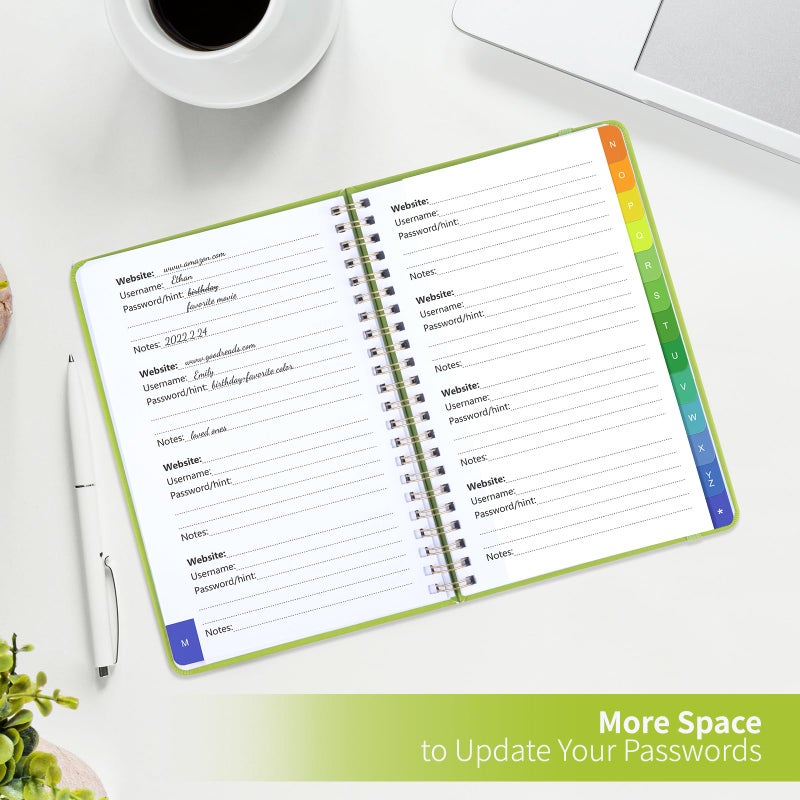 Blugool Password Book with Alphabetical Tabs, Password Keeper Book for Seniors, Individual & Colorful Tabs, Spiral Hardcover Password Notebook for Website Logins, 5.7" x 7.7", Grass Green - Image 4