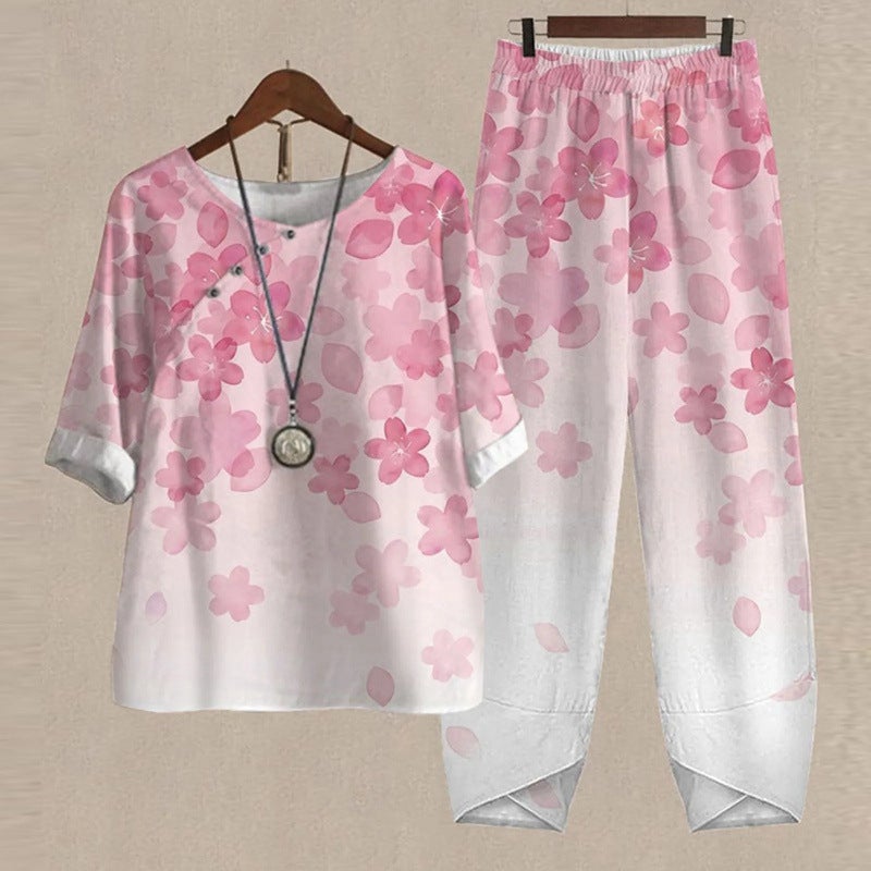 2025 Export New Women''s Clothing Casual Round Neck Quarter-Sleeved Top Digital Printing Women''s Two-Piece Suit - Image 1