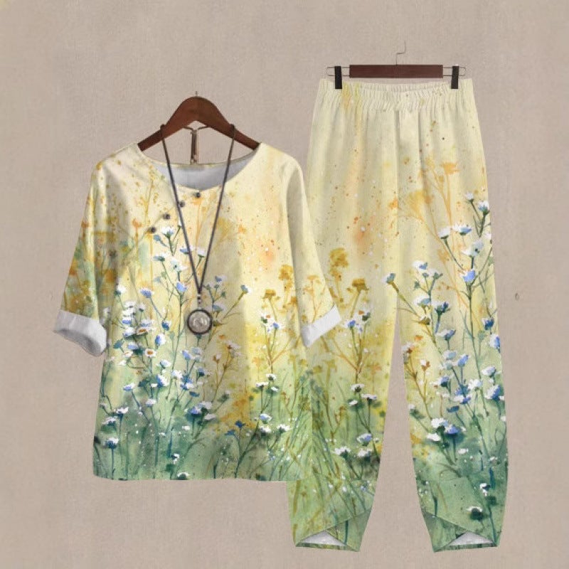 2025 Export New Women''s Clothing Casual Round Neck Quarter-Sleeved Top Digital Printing Women''s Two-Piece Suit - Image 5