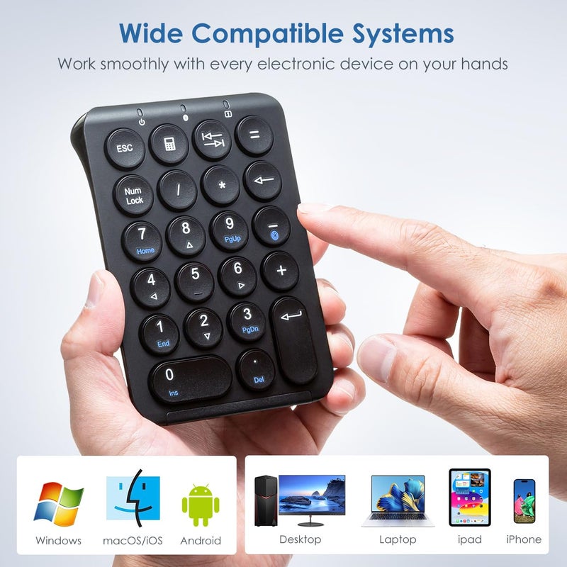 SANWA Bluetooth Numeric Keypad, Rechargeable Wireless Ten Key Number Pad, 22-Key Portable & Slim Financial Accounting Numpad for Laptop Computer, Compatible with MacBook, Windows, Android, iOS, Black - Image 4