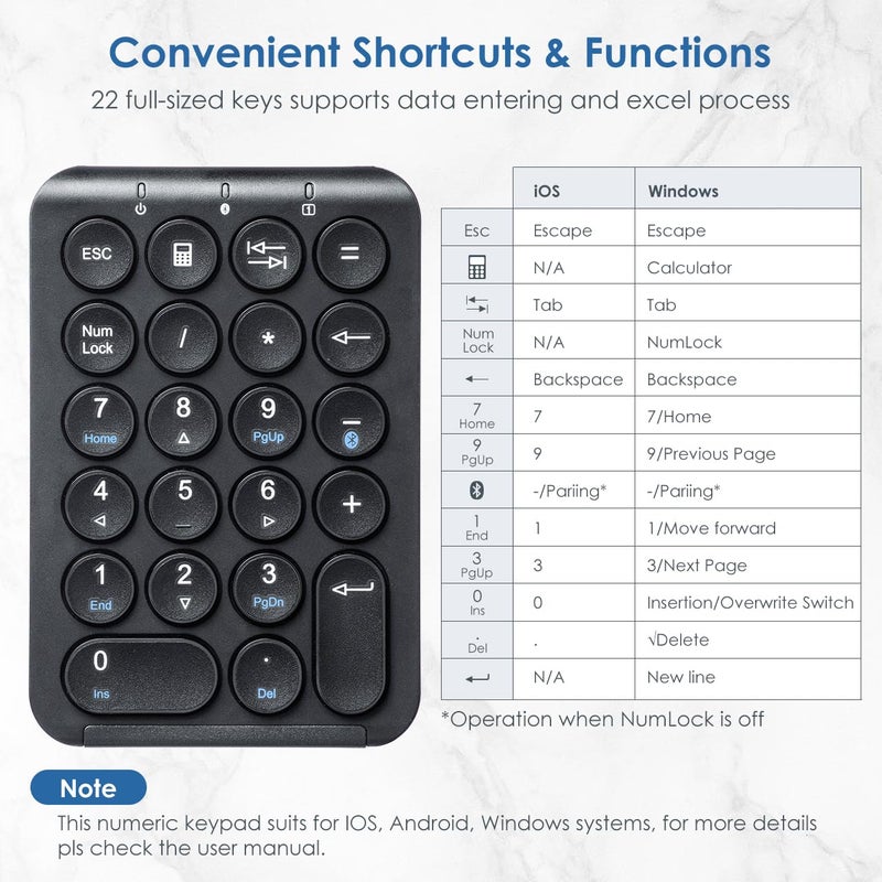 SANWA Bluetooth Numeric Keypad, Rechargeable Wireless Ten Key Number Pad, 22-Key Portable & Slim Financial Accounting Numpad for Laptop Computer, Compatible with MacBook, Windows, Android, iOS, Black - Image 3