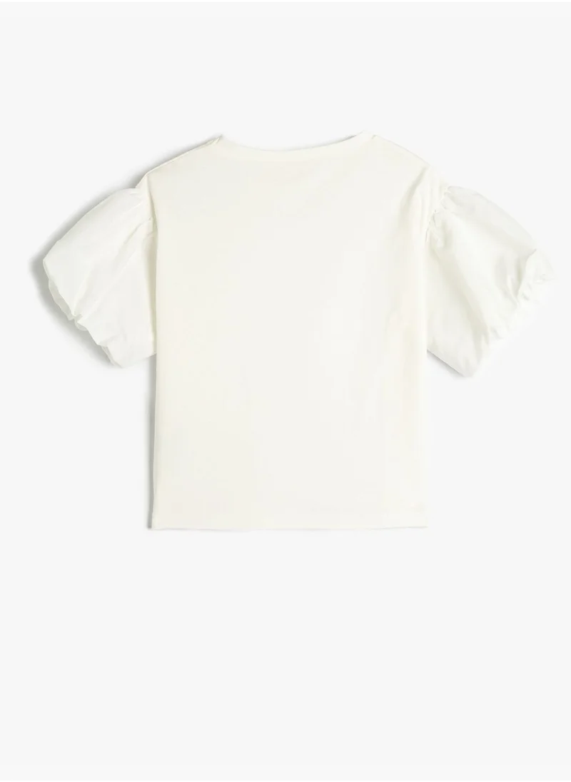 KOTON Puffer Sleeve T-Shirt Crew Neck Embroidered Detail Cotton