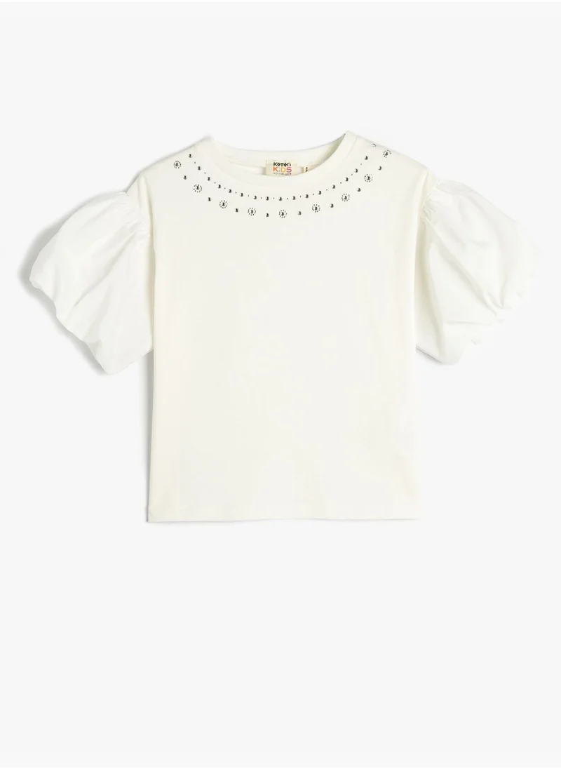 KOTON Puffer Sleeve T-Shirt Crew Neck Embroidered Detail Cotton