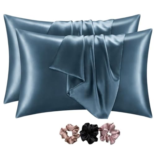 GO WELL Solid Satin Silk Pillow Covers Pack of 2 for Hair and Skin-with Satin Scrunchies |Satin Pillow coves for Hair and Skin|scrunchies for Women 3-Piece|Silk Pillow case (Bluesteel) 800Tc - Image 1