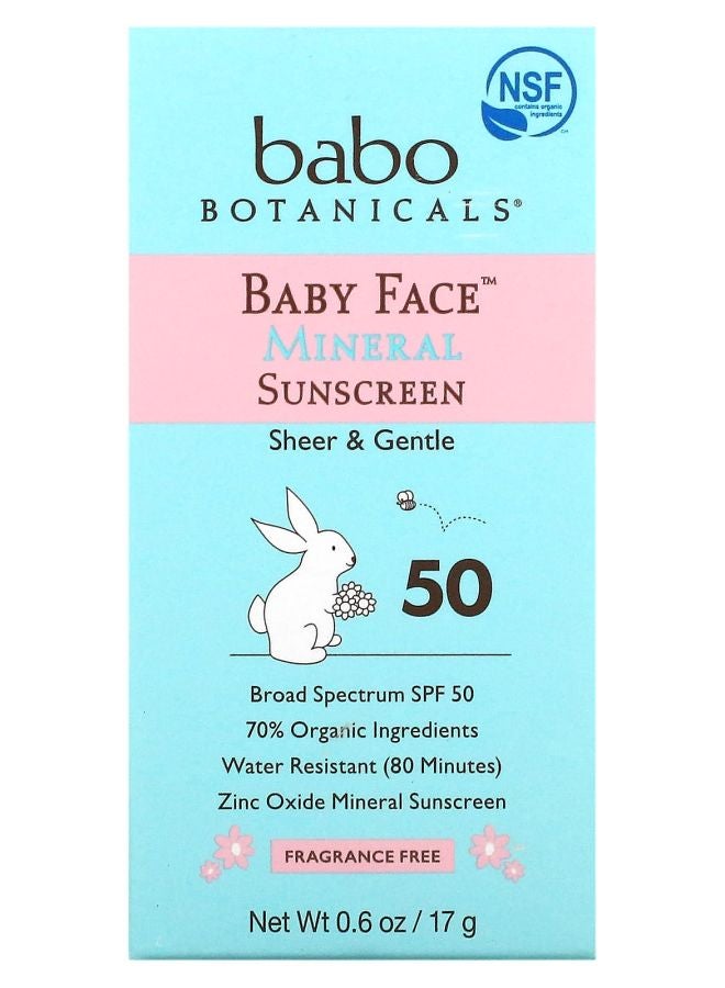 Babo Botanicals Baby Face Mineral Sunscreen Stick SPF 50 Fragrance Free 0.6 oz (17 g)