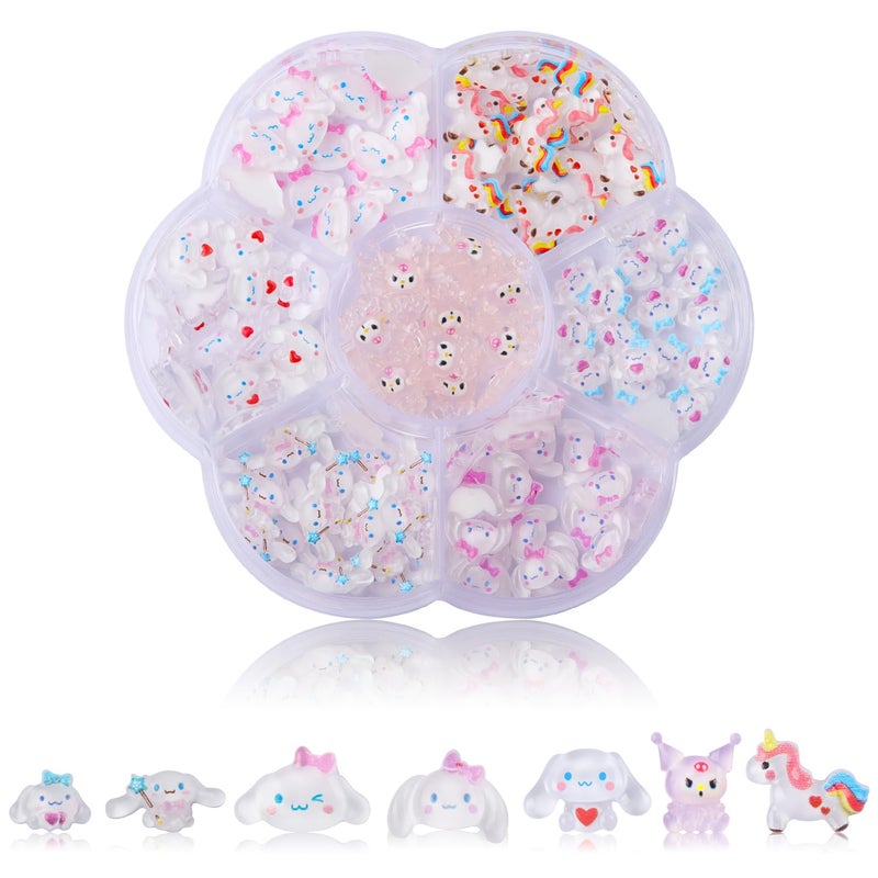 CDBOVID 140 Pcs Nail Charms,7 Styles Kawaii 3D Flatback Cartoon White Series Charms for Nail Acrylic Slime Resin Charm for Cute DIY Nail Art Decorations Supplies,Hair Clips and Phone Cases Etc - Image 1