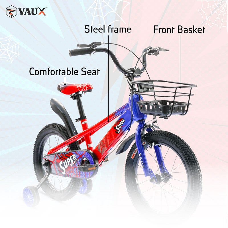 Vaux Super 16-Inch Kids Bike | 16-Inch Wheel Size | Adjustabe Seat | With Training Wheel And Basket |Blue/Red Color - Image 5