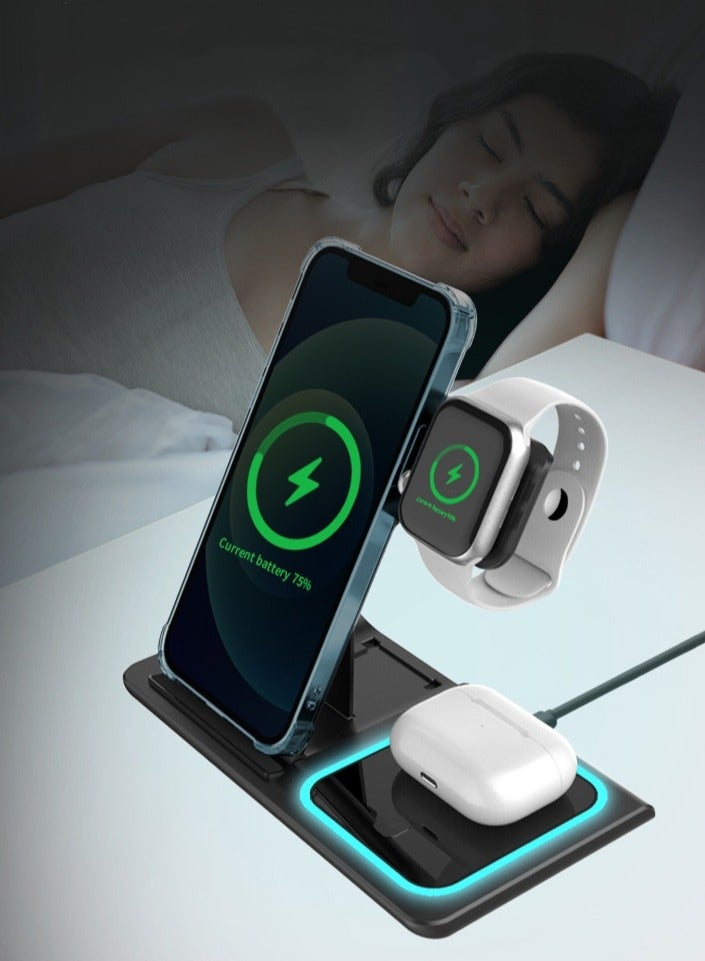 Three In One Wireless Charger , Desktop Folding Mobile Phone Charger Arch , With Night Lights  - Image 1