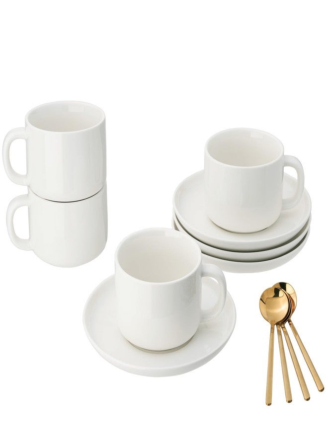 CHILDIKE 8oz Cappuccino Cups Set of 4, Tea Cups with Saucers and Spoons, White Ceramic Tea Cups Set Coffee Mugs for Tea Cappuccino Espresso Latte Mocha Au Lait Macchiato Cafe - Image 1