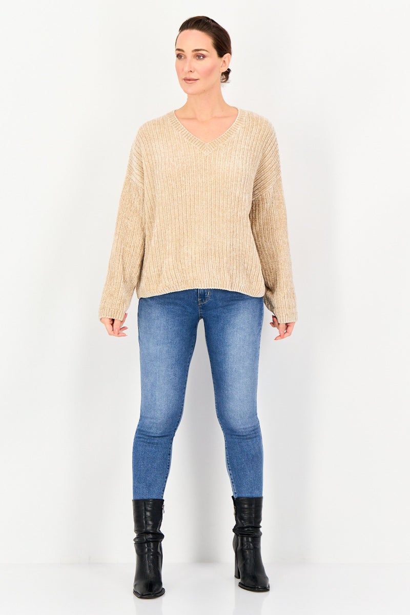 SELECTED Women V Neck Knitted Sweater, Taupe - Image 4