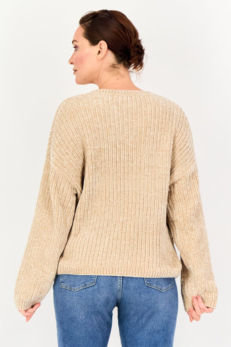 SELECTED Women V Neck Knitted Sweater, Taupe - Image 3