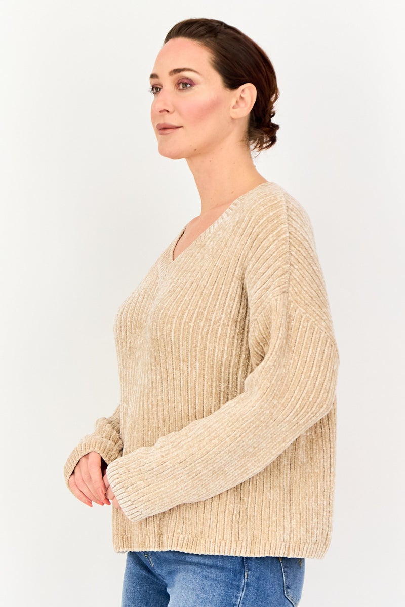 SELECTED Women V Neck Knitted Sweater, Taupe - Image 2