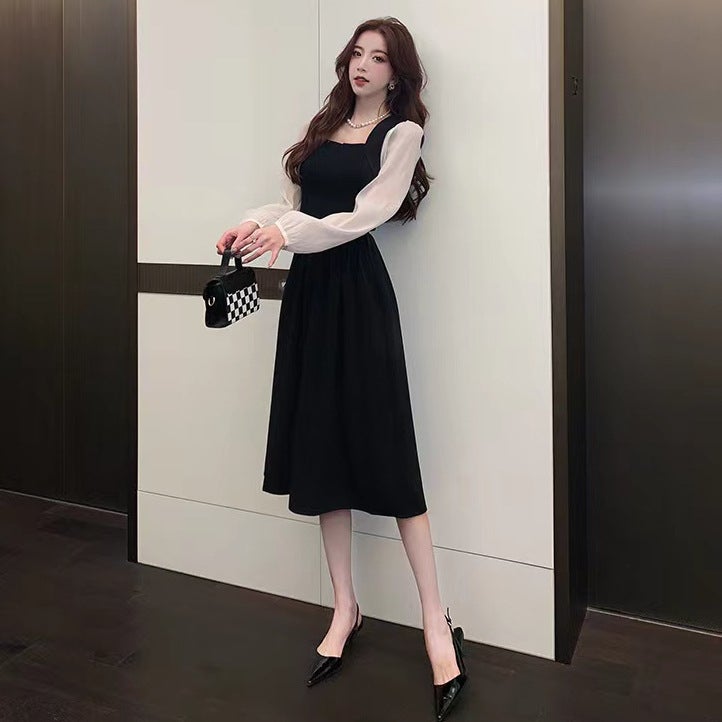 Long-Sleeved Dress Autumn Square Neck Splicing Design Contrasting Color Waist Slimming Look Simple Work Clothing A-Line Skirt - Image 4