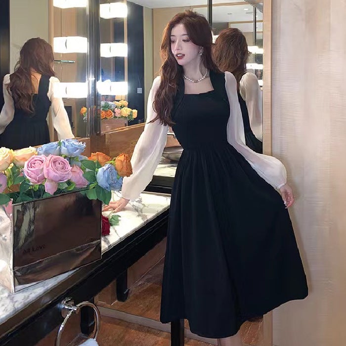 Long-Sleeved Dress Autumn Square Neck Splicing Design Contrasting Color Waist Slimming Look Simple Work Clothing A-Line Skirt - Image 2