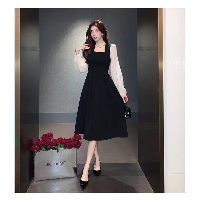 Long-Sleeved Dress Autumn Square Neck Splicing Design Contrasting Color Waist Slimming Look Simple Work Clothing A-Line Skirt - Image 1