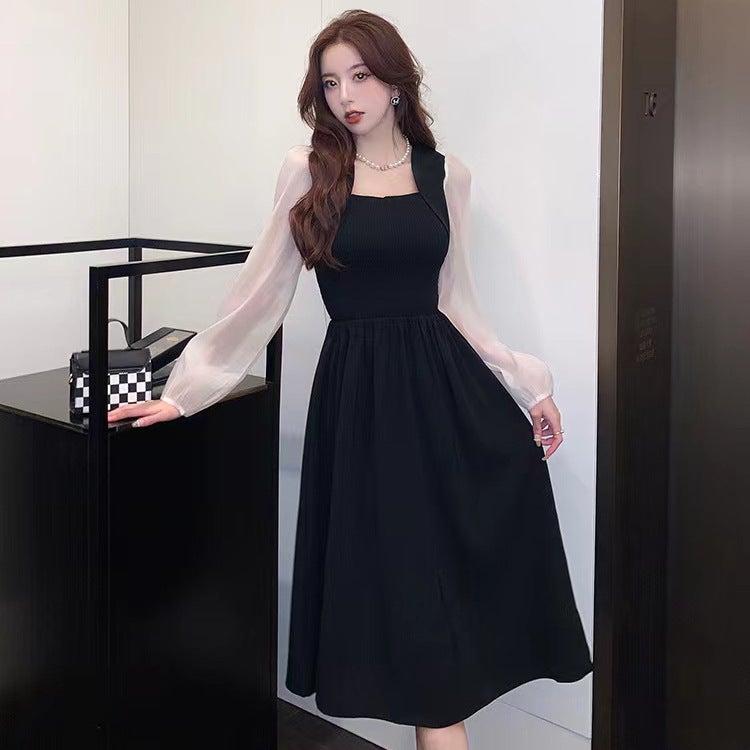 Long-Sleeved Dress Autumn Square Neck Splicing Design Contrasting Color Waist Slimming Look Simple Work Clothing A-Line Skirt - Image 3