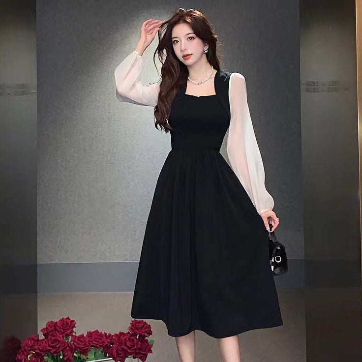 Long-Sleeved Dress Autumn Square Neck Splicing Design Contrasting Color Waist Slimming Look Simple Work Clothing A-Line Skirt - Image 5