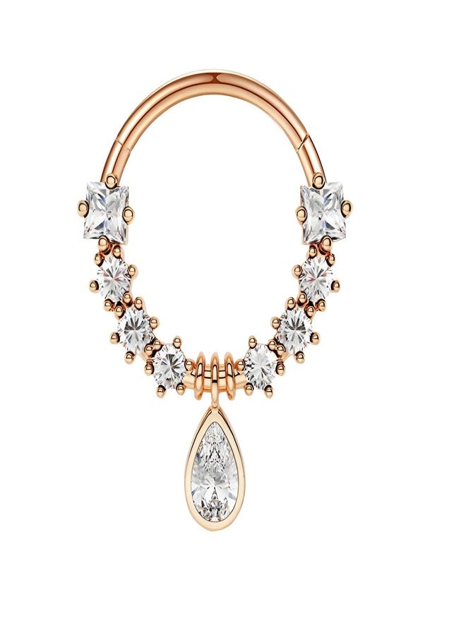Decentraland 1 PC 16G Rosegold Diameter 10mm Elegant Dangle Nose Septum Ring 316L Stainless Steel with Clear Drop-Shaped CZ Hinged Segment Ring Cartilage Earrings Hoop Helix Tragus Piercing Jewerly - Image 1