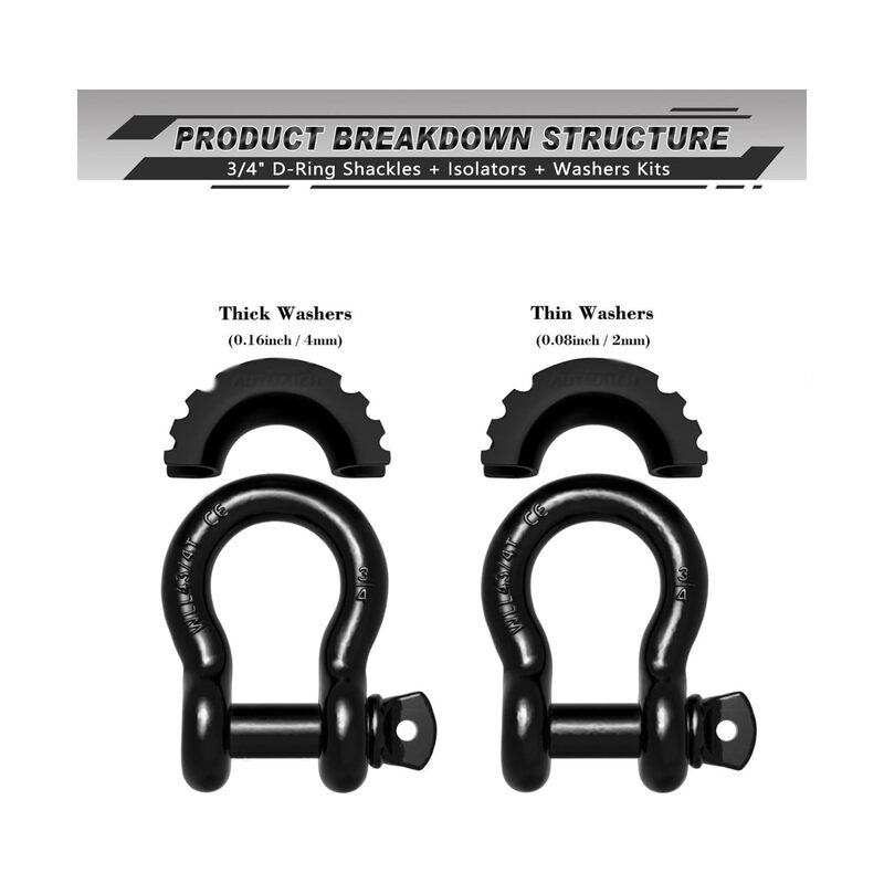 طقم مكون من قطعتين من حلقات D، مقاس 3/4 بوصة، قوة تحمل 41,887 رطل، مع مسمار لولبي مقاس 7/8 بوصة وغسالات عازلة، مناسب لسحب المركبات على الطرق الوعرة، لون أسود. - Image 3