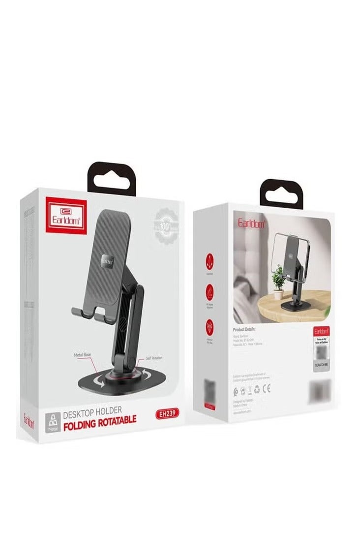 أيرلدوم حامل هاتف محمول يدور 360 درجة للمكتب، حامل هاتف قابل للتعديل والطي من Earldom، حامل محمول يدور 360 درجة مناسب لهاتف iPhone 15 14 13 12 11 Pro Max وجميع الهواتف الذكية، أسود