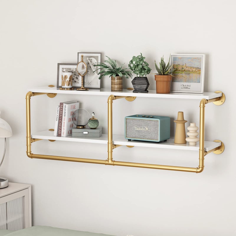HOMEKAYT 48'' Industrial Pipe Shelving Floating Wall Shelves 2 Tier Gold Shelves Multiple Use for Kitchen, Bedroom,Living Room,Bathroom - Image 1