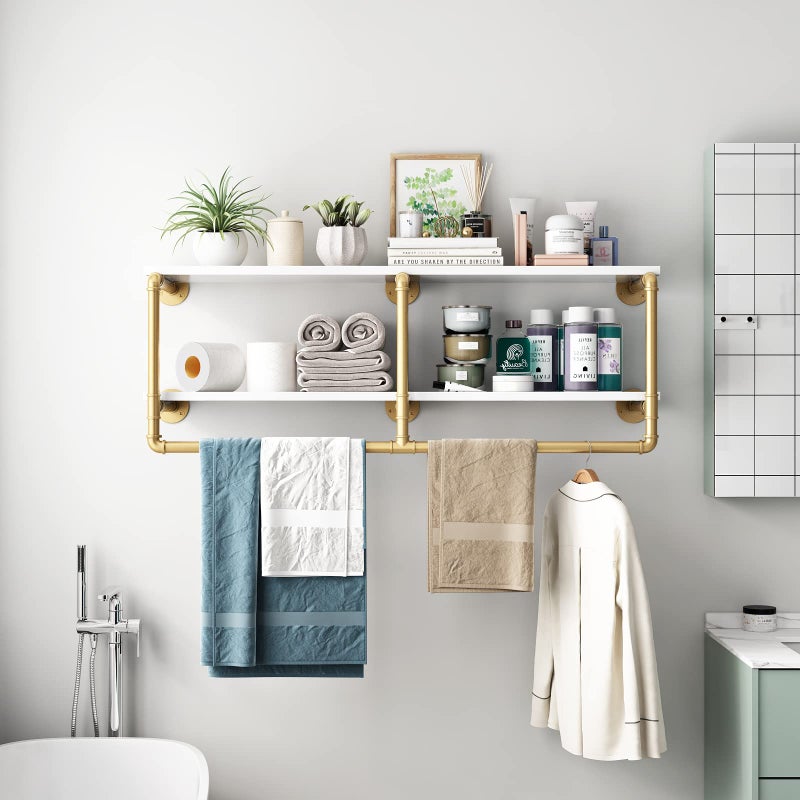 HOMEKAYT 48'' Industrial Pipe Shelving Floating Wall Shelves 2 Tier Gold Shelves Multiple Use for Kitchen, Bedroom,Living Room,Bathroom - Image 2