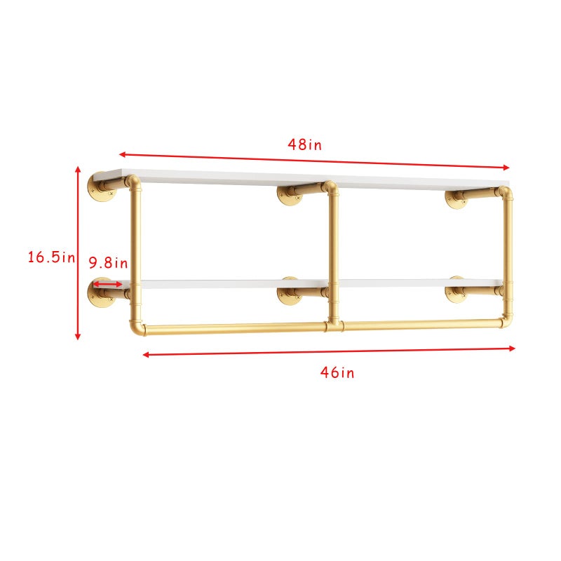 HOMEKAYT 48'' Industrial Pipe Shelving Floating Wall Shelves 2 Tier Gold Shelves Multiple Use for Kitchen, Bedroom,Living Room,Bathroom - Image 3