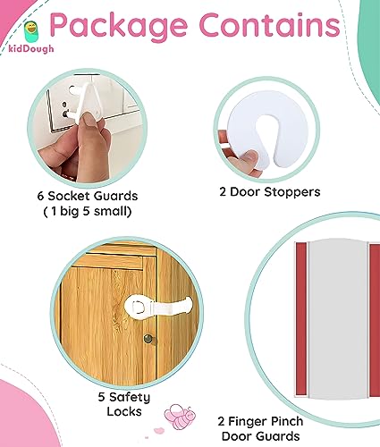 KidDough Baby Safety Kit - 2 Finger Pinch Door Hinge Guards + 2 C-Shape Door Stopper + 6 Socket Guards + 5 Child Safety Locks For Drawers, Cabinets Etc., All-In-One Baby Products, 1 Pack, Transparent - Image 3