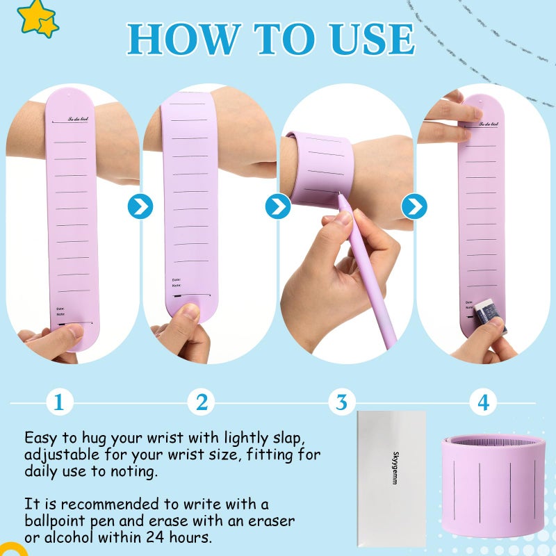Skyygemm 2 Pcs Nurse Erasable Wristband to Do List Wrist Memo Slap Bracelet with Ballpoint Pen and Eraser Reminder Bracelet Wrist Band Notepad Gifts for Nurse Week Essentials(Purple) - Image 4