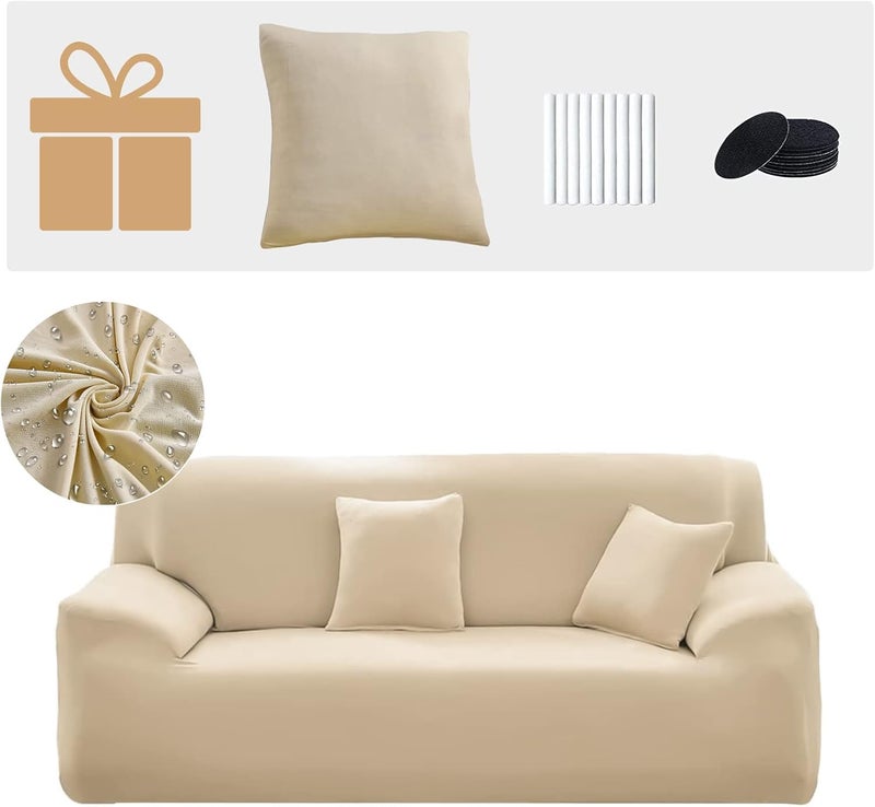 INFOSUN Stretch Sofa Slipcover, Elastic Fabric Fashion Printed Waterproof Armchair Loveseat Couch Living Room Sofa Covers Pet Protector Mat Cushion Cover with 1 Pillowcase(Beige, 3 seater, 74" - 90") - Image 1