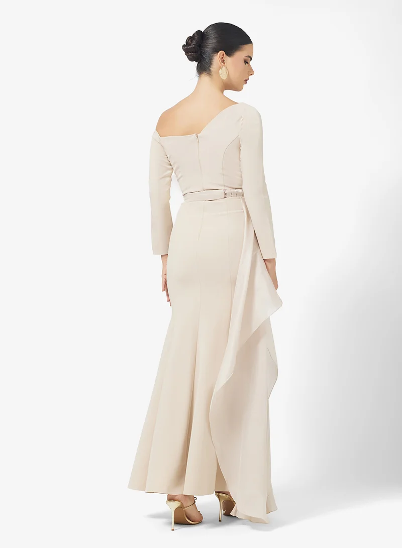Namshi x Assymetric Shoulder Shimmer Dress with 3D Floral