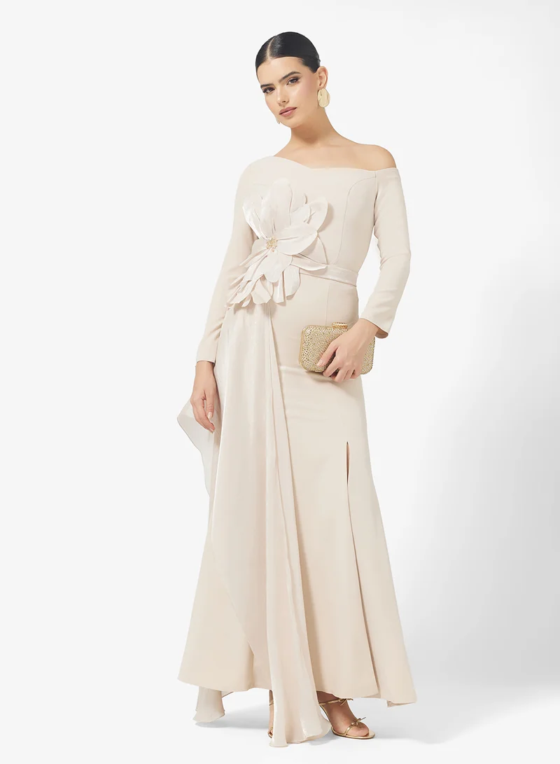 Namshi x Assymetric Shoulder Shimmer Dress with 3D Floral