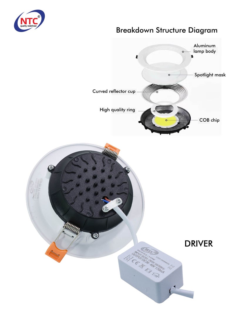 NTC - NTC LED COB Downlight, Round Recessed Ceiling Light, White Frame with Driver - Image 1
