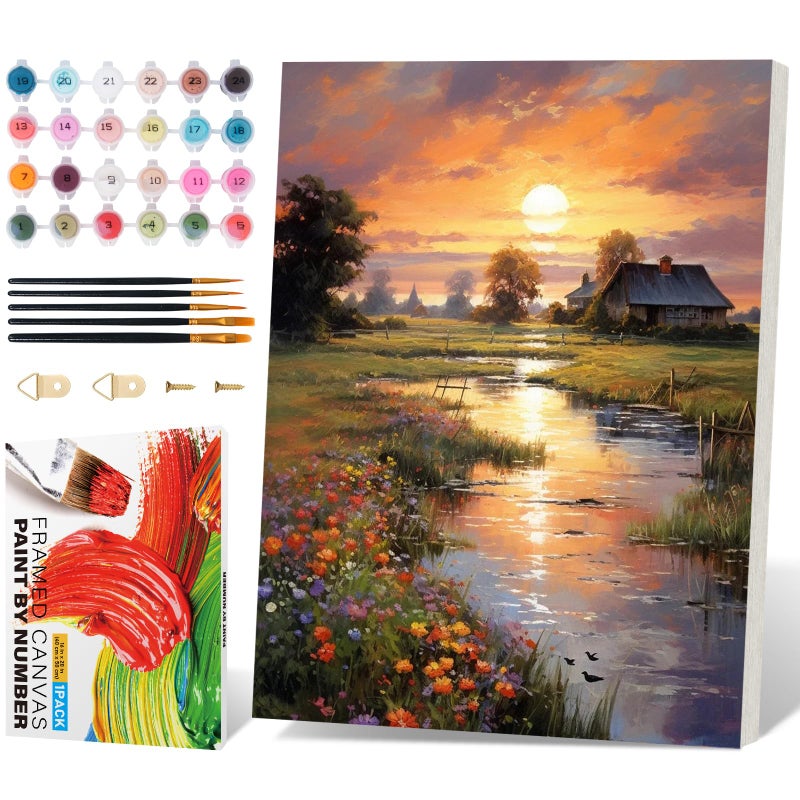 Fountor Framed Paint by Numbers Kit for Adults Beginner Countryside Sunset Adult Paint by Number Kits on Canvas Riverside Cabin Oil Painting by Numbers for Home Decor Gift 16 W x 20L - Image 2