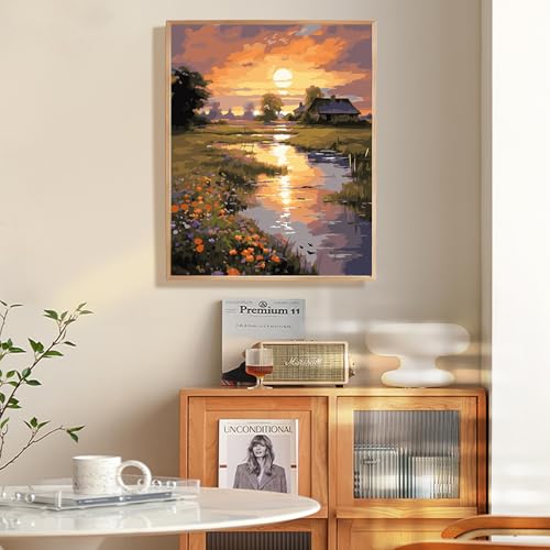 Fountor Framed Paint by Numbers Kit for Adults Beginner Countryside Sunset Adult Paint by Number Kits on Canvas Riverside Cabin Oil Painting by Numbers for Home Decor Gift 16 W x 20L - Image 3