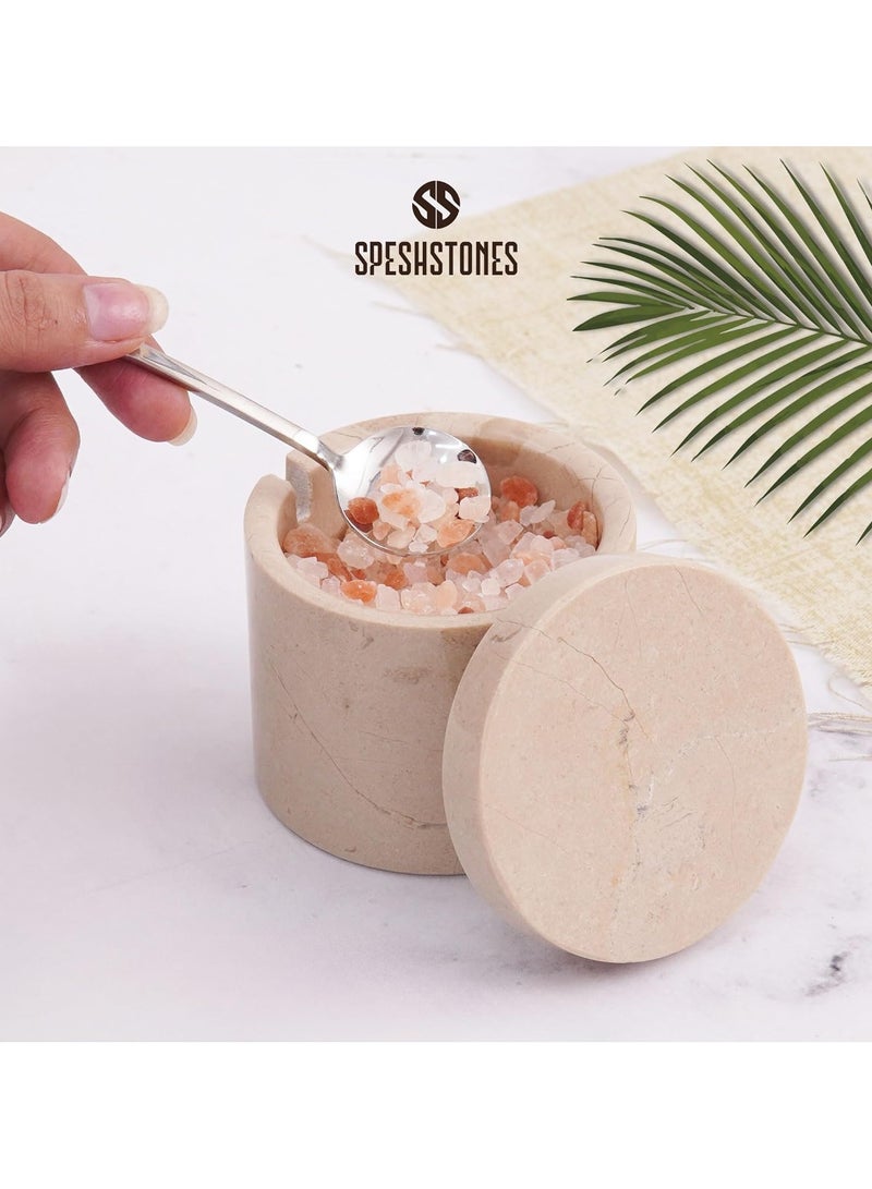SPESHSTONES Marble Salt Cellar With Lid and Spoon 3 Inch Verona Stone Salt Box, Sugar Bowl & Spice Jar for Celtic & Flaky Salts, Seasoning Container for Herbs, Coffee Storage and Kitchen Countertop  - Image 2
