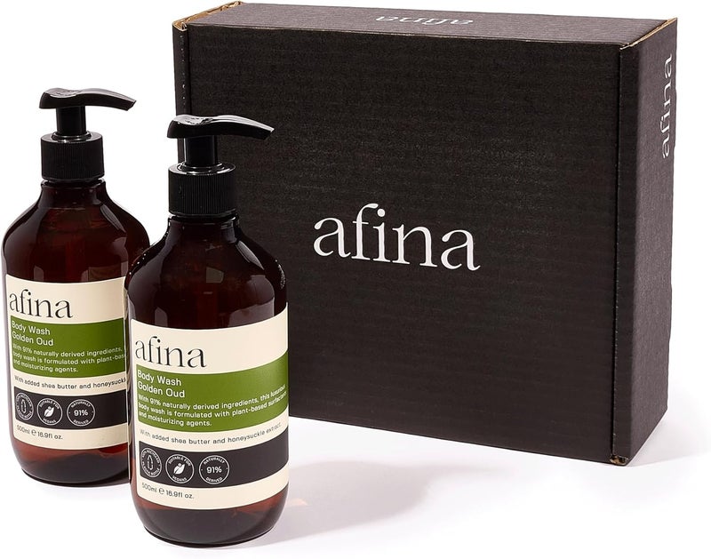Afina Golden Oud Luxury Body Wash 500mlx2 Shower Gel Bottle Sensual Blend of Spicy Creamy Floral Notes Backed With Warm Ambery Woody Undertones Vegan Friendly Body Wash UK Produced