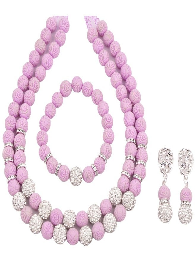 أكزوف طقم مجوهرات زفاف نيجيري من الخرز الأفريقي الأحمر للنساء، عقد وأقراط من اللؤلؤ الصناعي (ليلكي) - Image 1