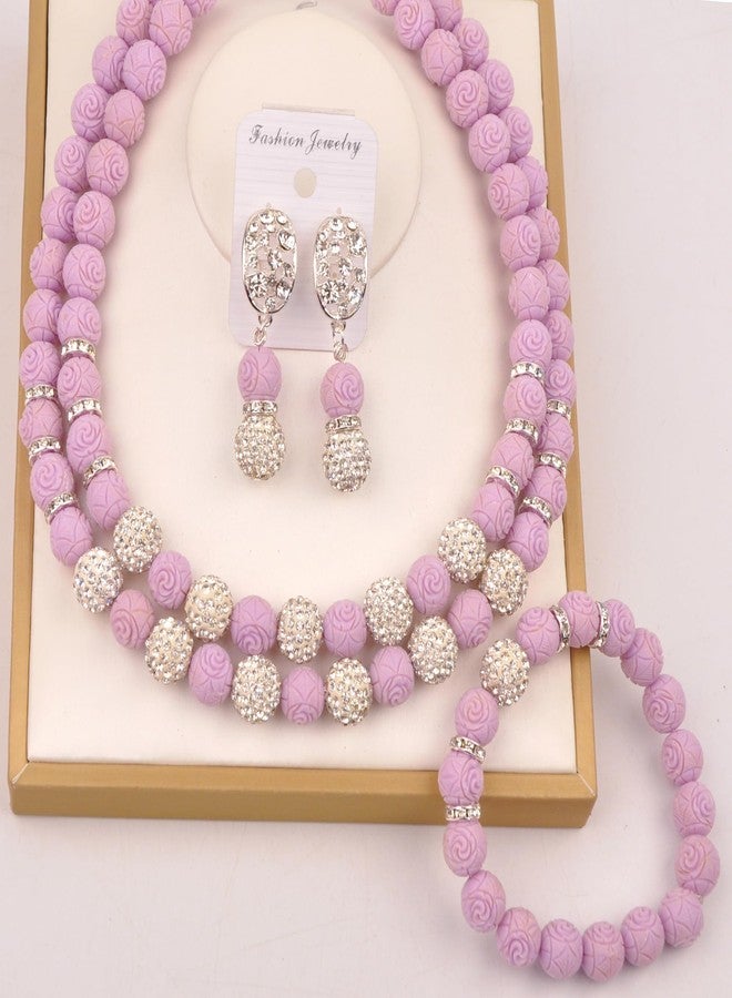 أكزوف طقم مجوهرات زفاف نيجيري من الخرز الأفريقي الأحمر للنساء، عقد وأقراط من اللؤلؤ الصناعي (ليلكي) - Image 2