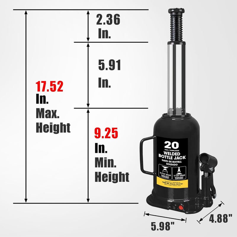 Torin 20 Ton Hydraulic Welded Heavy Duty Bottle Jack, AT92003BB, Black - Image 2