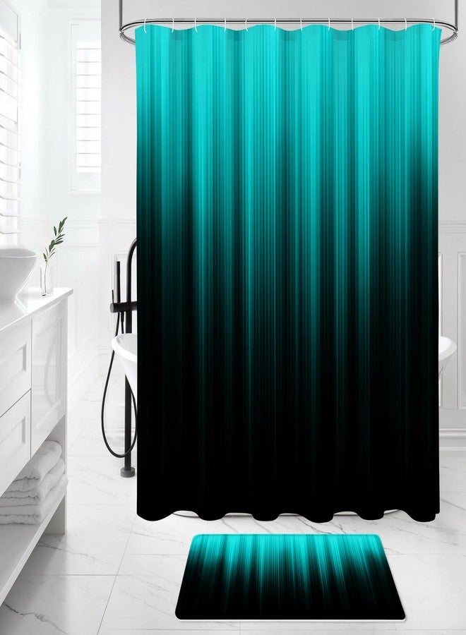 Litabel 4 Pcs Teal and Black Gradient Shower Curtain Set with Rugs and Toilet Lid Cover, Modern Simple Waterproof Fabric Bathroom Set, Ombre Stripe Gothic Abstract Bathroom Decor Set Accessories - Image 3
