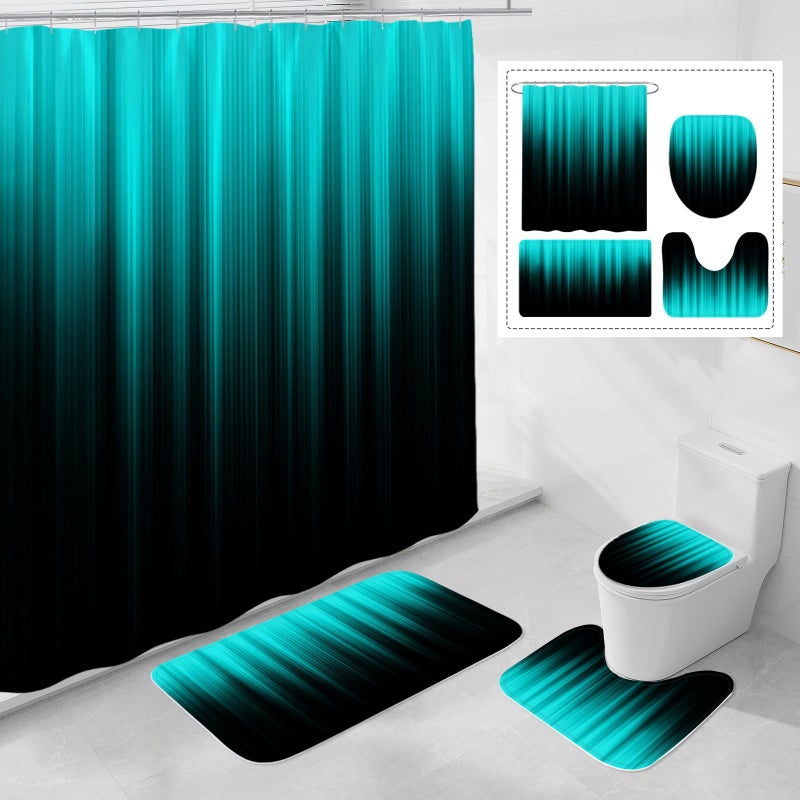 Litabel 4 Pcs Teal and Black Gradient Shower Curtain Set with Rugs and Toilet Lid Cover, Modern Simple Waterproof Fabric Bathroom Set, Ombre Stripe Gothic Abstract Bathroom Decor Set Accessories - Image 1