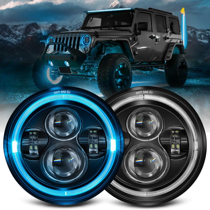 UNISHINE 7 inch Ice Blue Halo led Headlight HiLo Beam with Amber Turn Signal 2pcs 7 inch led Headlight Round H6024 LED Headlight Compatible with Jeep Wrangler JK TJ CJ Compatible with Chevy