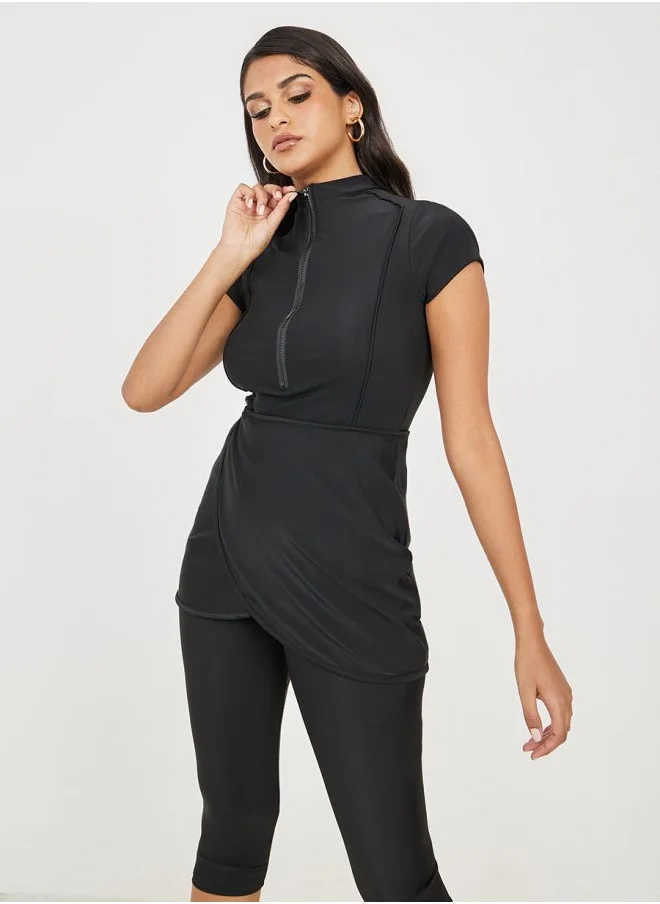 Styli Short Sleeve Zip Up Wrap Over Capri Burkini